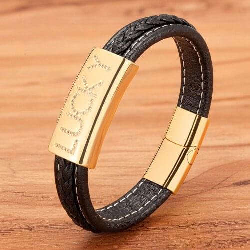 "LUCKY" Cubic Zirconia Letter Classic Style Stainless Steel Mens Leather Bracelet Gold/Steel Punk Design Wrist Band Gift