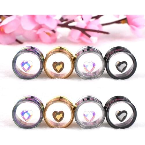 Heart-shaped Crystal Ear Tunnels Stretching Kit Steel Screwed Flesh Expander Earring Gauges with Double Flared 8-25mm