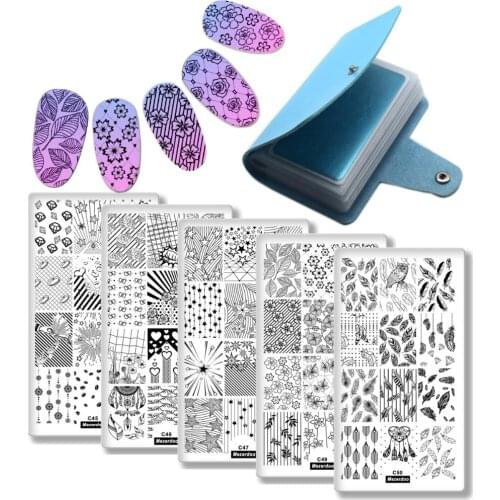 Feather Nail Stamping Plates Set 5Pcs Nail Stamping Plates+1Pc Blue 20slots Nail Plate Holder Flower Love Pattern Stamping Kits