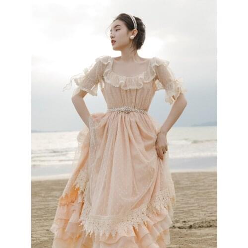 Summer Lace Princess Dress Women 2021 Sweet Dot Bow Petal Sleeve Ruffles Suqare Collar Fairy Dresses Vintage Vestido Party Night