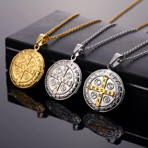 Religious San Benito Cross Medal Necklace Stainless Steel Saint Benedict Necklaces & Pendants For Women Men Jewelry Holy Medalla