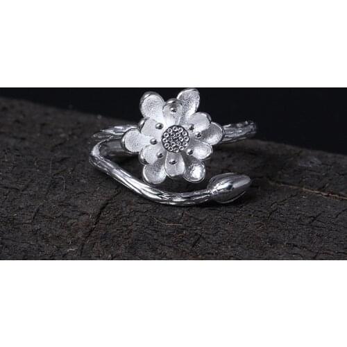 Silver Antique Flower Hand Decoration Wholesale Temperament Simple Lotus Bud Opening Adjustable Finger Ring Wholesale