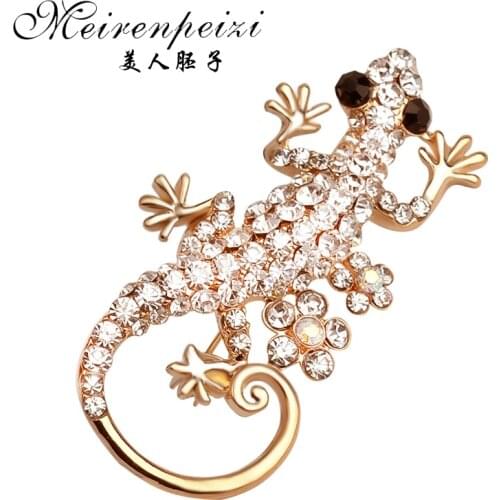 Vintage Gold Color Full Crystal Lizard Pin Brooch Black Rhinestone Eyes Lizard Gecko Lapel Brooches for Clothes Women Men
