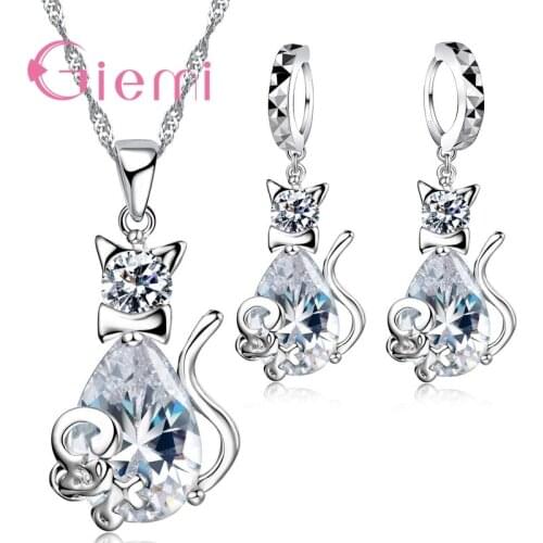 Cute White Cat Jewelry Sets S925 CZ AAA Cubic Zirconia Crystal Mother Days Gift Jewelry Sets El collar