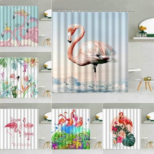 Flamingo Landscape Shower Curtain Cloud Tropical Plants Green Leaf Flower Bird Scenery Bathroom Decor Waterproof Fabric Curtains