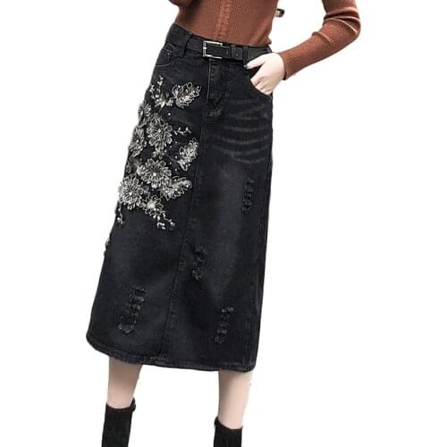 2021 New Spring Long Denim Skirt Female Fashion Embroidered flower Bag Hip Skirts Womens High Waist Hole Black Denim Skirts 5XL