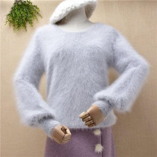 Fall winter female women hairy fuzzy mink cashmere knitted slim bottoming blouses pullover angora rabbit fur jumper sweater pull