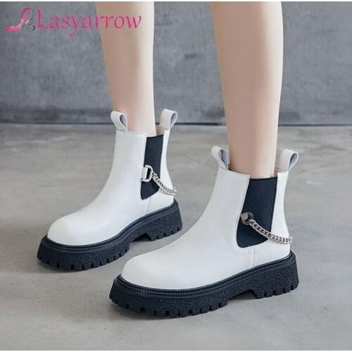 Lasyarrow Candy Color Sole Ankle Boots Round Toe Ladies Shoes Thick Bottom Platform Shoes Women Genuine Leather Zapatos De Mujer
