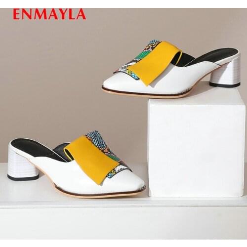 ENMAYLA Mature PU Mixed Colors Women Shoes Summer Outside Square Heel Women Slippers Basic Sewing Elegant Mules 34-42