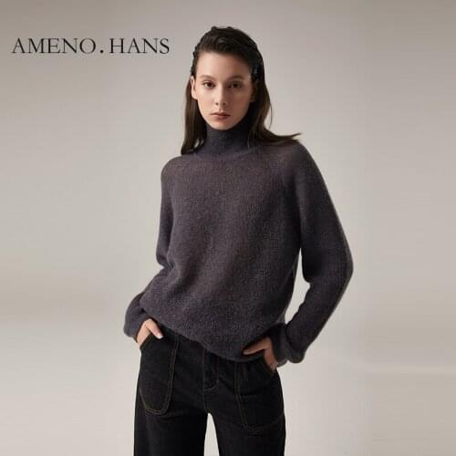 2021 Women High Neck Jumper Long Mohair Hollow Out Knit Custom Sweater