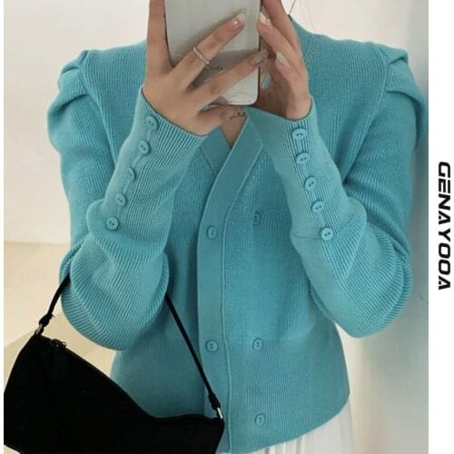 Genayooa V-neck Double Breasted Cardigan Women Puff Sleeve Solid Long Sleeve Ladies Sweater 2021 Autumn Female Cardigans Korean