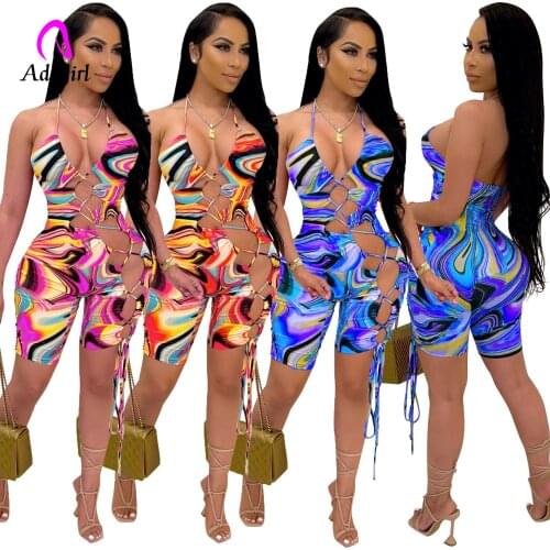 Paisley Tie Dye Women Rompers Halter Deep V Neck Bandage Playsuit 2021 Sexy Club Party Backless Hollow Out Skinny Short Jumpsuit