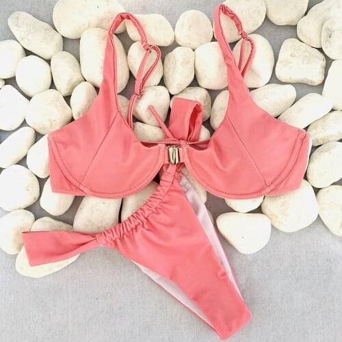 2021 Ladies Thong Bikini Swimming Suit Female Solid Bathing Women Sexy Bikini Push Up Brazilian Bikini 2 Piece Set