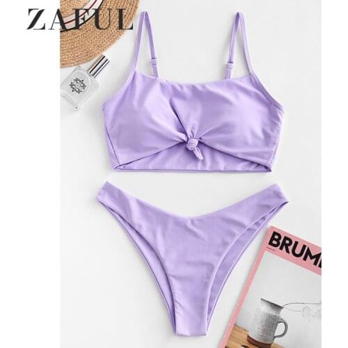 ZAFUL Ribbed V Cut High Rise Bikini Set Swimwear Women Swimsuit Special Fabric High waisted Solid Color 2020 New Fashion