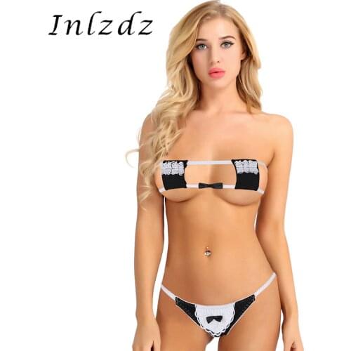 Womens Mini Maid Lingerie Suit Bikini Anime Lace Mini Bra Top Three Point Underwear Set Fancy Cosplay Exotic Costume Outfit