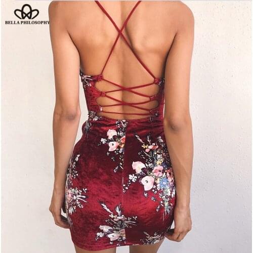 Bella Philosophy women lace-up back open print velvet cami bodycon slim dress vestidos sexy women dress