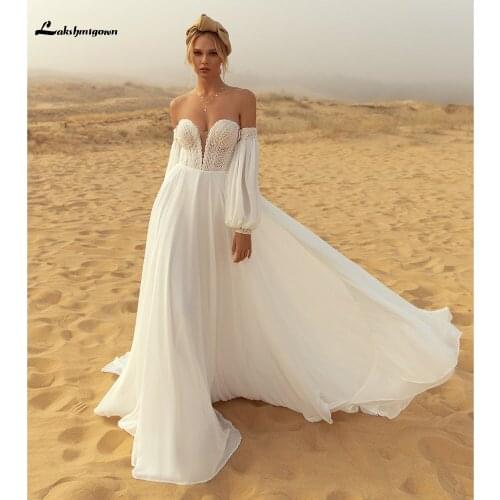 Vestido para boda playa Off The Shoulder Deep V Neck Lace Chiffon lantern Sleeve Wedding Dresses Boho vestido novia simple 2021