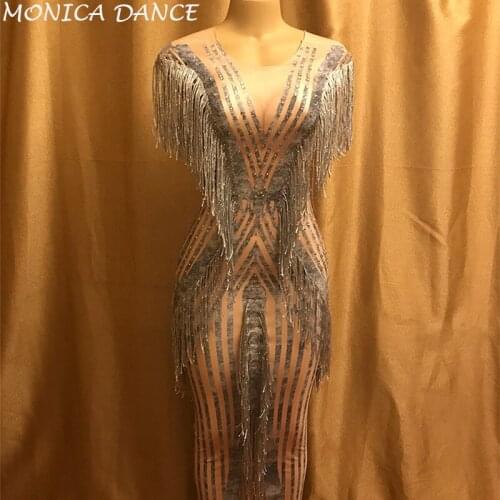 Women Sexy Stage Nude Printed Pattern Evening Fringes Dresses Birthday Celebrate Summer Costume Singer Performance Dance Dress