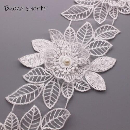 1Yard White Pearl Beaded Flower Leaf Embroidered Lace Trim Ribbon Fabric Handmade Sewing Craft For clothing dress Hat Decoration