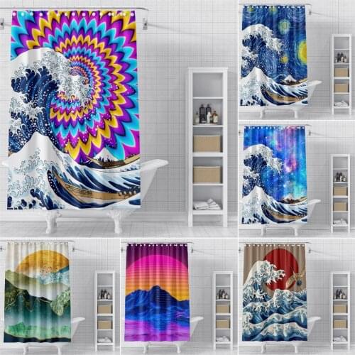 3D Landscape Bathroom Shower Curtain Ancient Japanese Wave Shower Curtains Waterproof Fabric Bathroom Shower Curtain Hooks