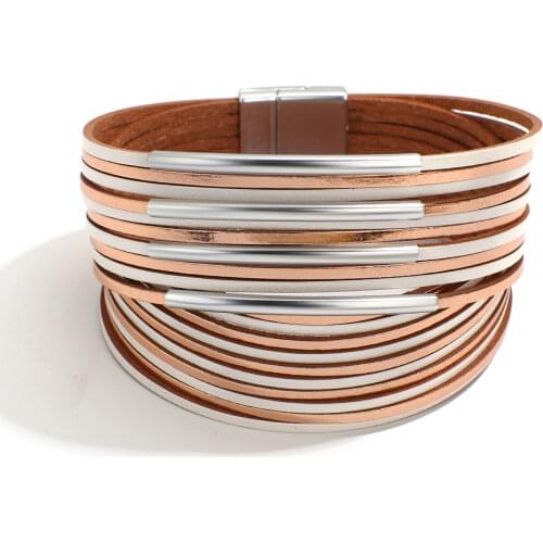 Amorcome Unique Design Multi-Layer Leather Bracelet with Alloy Magnetic Clasp Braided Wrap Cuff Bangle Jewelry for Women Girls