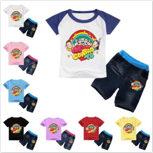 Baby Boys Summer Cartoon Me Contro Te Clothes Children Clothing Sets Girls Short Sleeve TShirt+Jeans Cool Denim Shorts 2PCS Suit
