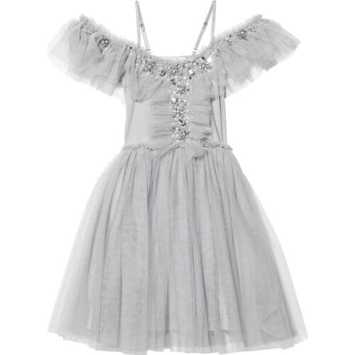 Retail 2019 Summer Gray Dress for Girls Rhinestones Sequins Gauze Off Shoulder Princess Party Dress Children Clothing 2-6T E8605
