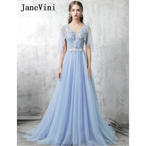 JaneVini 2018 Fairy Tulle Beading Long Bridesmaid Dresses for Weddings A-Line Embroidery Appliques Women Wedding Party dresses