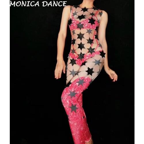 Womens Birthday Celebrate Stage Dance Bodysuit 2 Colors Star Rhinestones Spandex Sleeveless Jumpsuit Women Singer Show Jumpsuit