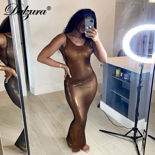 Dulzura Shiny Midi Dress Strap Backless Bodycon Sexy Streetwear Club Party Elegant Festival Women 2020 Autumn Winter Slim Solid