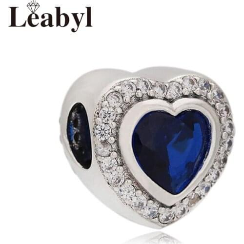 Leabyl Classic Dark Blue Crystal Heart Charm fit Bracelet Bangle Full of White Crystal Love Beads for DIY Jewelry Accessories