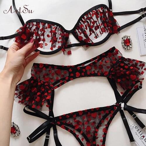 ArtSu Christmas Red Heart Printed Cute 3 Pieces Lace Bra And Panty Set Sexy Bra With Bone Intimates Lingerie Set ASBS60602