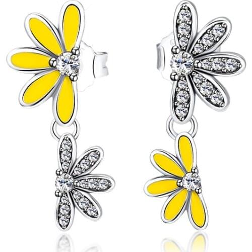 Shimmering Daisy Flower Earrings Woman Sterling Silver 925 Dangle Drop Earrings Floral Earring Plant Series Vintage Boho Jewelry