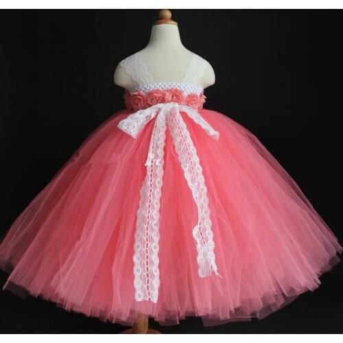 Cute Girls Pink Flower Lace Tutu Dress Kids Fluffy Crochet Tutus Ball Gown with Straps and Headband Children Wedding Party Dress