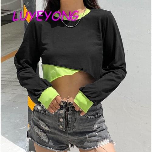 Contrast Color Hipster Cool Women Basic T-shirt 2020 Autumn Lady Short-length Irregular O Neck Long-sleeve Street Outdoor Top