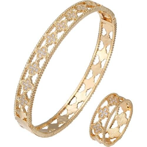 Trendy Clamper CZ Bracelet Ring Set RB61307 Jewelry Woment Elegant Bangle Gold Silver Plated
