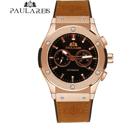 Men Automatic Self Wind Mechanical Rose Gold Silver Black Case Brown Leather Rubber Strap Casual Sports Geneve Watch