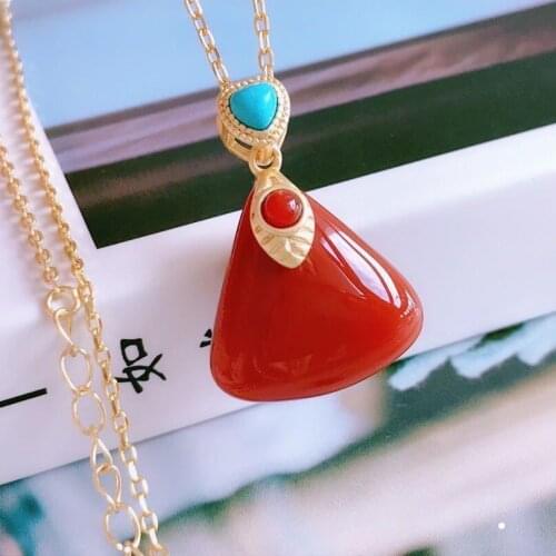S925 Sterling Silver Inlaid South Red Geometric Pendant Natural Agate Jade Turquoise Pendant Necklace Clavicle Set Chain