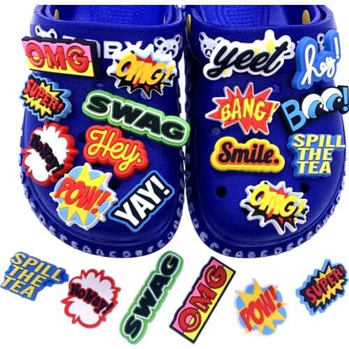 50PCS Wholesale Mix Colorful English Phrases Icon Shoes Charms PVC Croc Jibz Decoration Wristband Accessories Kids Party Gifts