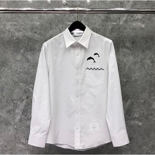 2021 Fashion Brand Shirts Men Slim White Long Sleeve Casual Shirt Dolphin Pattern Oxford Fabric Solid Mens Clothing