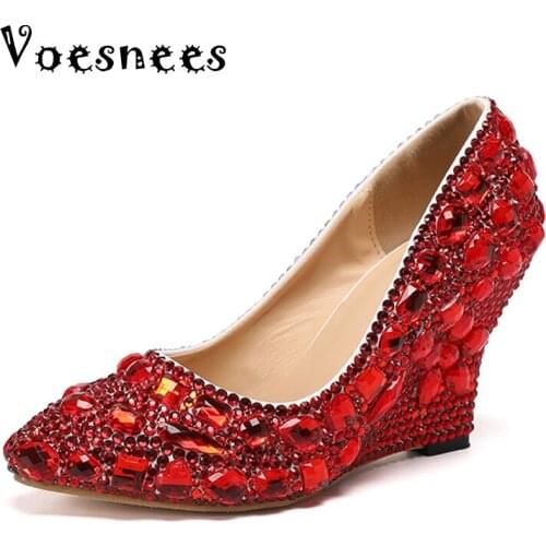 Autumn HOT Wedges Wedding Shoes Pumps High Heel 8CM Bridal Shoes Rhinestones Nightclub Princess Pumps Female Shoes Women Pumps