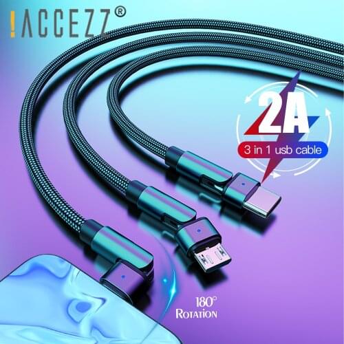 !ACCEZZ Upgrade 3 in 1 USB Cable Type C 8Pin Micro USB For iPhone 12 11 Pro Max Xr Samsung 180 Rotation Fast Charging Cord 1.2m
