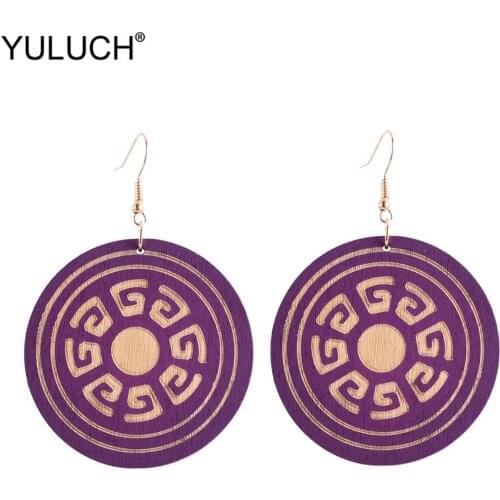 YULUCH Ethnic Women Round Wooden Pendant Earrings Vintage African Sculpture China Style Pattern Drop Earrings Jewelry Wholesale