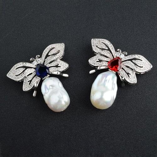 Womens Butterfly White Keshi Pearl Brooch