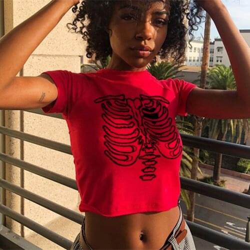 Black Sexy T Shirt Women 2021 Summer Harajuku Letter Skull Print Short Sleeve Graphic Tee Shirt Femme Plus Size Tops Tshirt