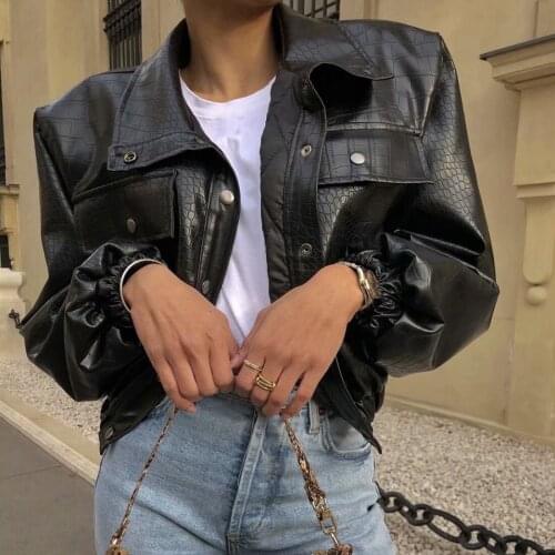 Streetwear Cropped Jacket Women Vintage Single-breasted Short Leather Jackets Ladies Long Sleeve Spring Autumn Biker Moto Coats