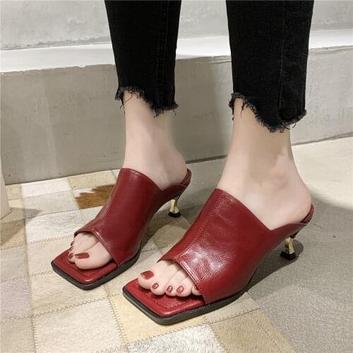2020 New Brand Designer Square Toe Mules Heels Slippers Sandals Women Solid High Heels Women Slides Ladies Party Sandals Shoes