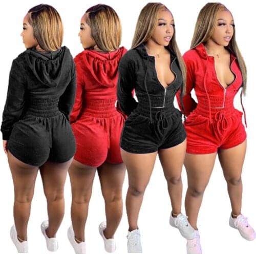Womens Hooded Zipper Suit Casual Long Sleeve Drawstring Shorts Korean Velvet Two Piece Womens Suit Lounge Wear Outfits