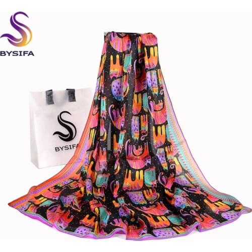 BYSIFA Black Cats Women Silk Scarf Shawl 2018 New Accessories 100% Silk Long Scarves Wraps Spring Autumn Scarf Cape 180*110cm