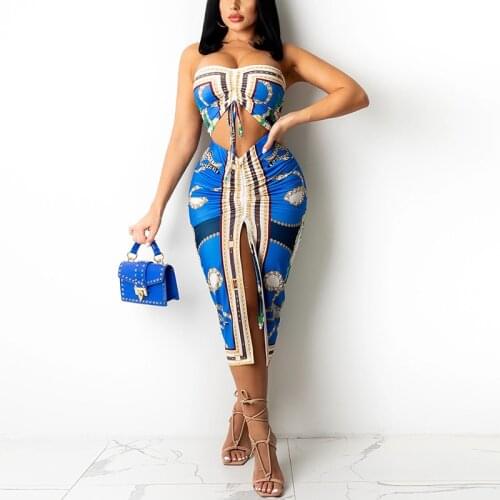 Women Two Piece Vinatge Chain Backless Sleeveless Printed Tube Top & Slit Maxi Skirt Set Summer 2021